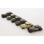 Dinky Toys 40a Riley Saloon, four examples, first green body and hubs, second cream body, green