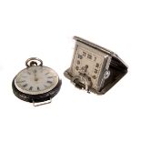 A 925 marked Art Deco silver pendant travel clock, in the form of a travel bag, together with a