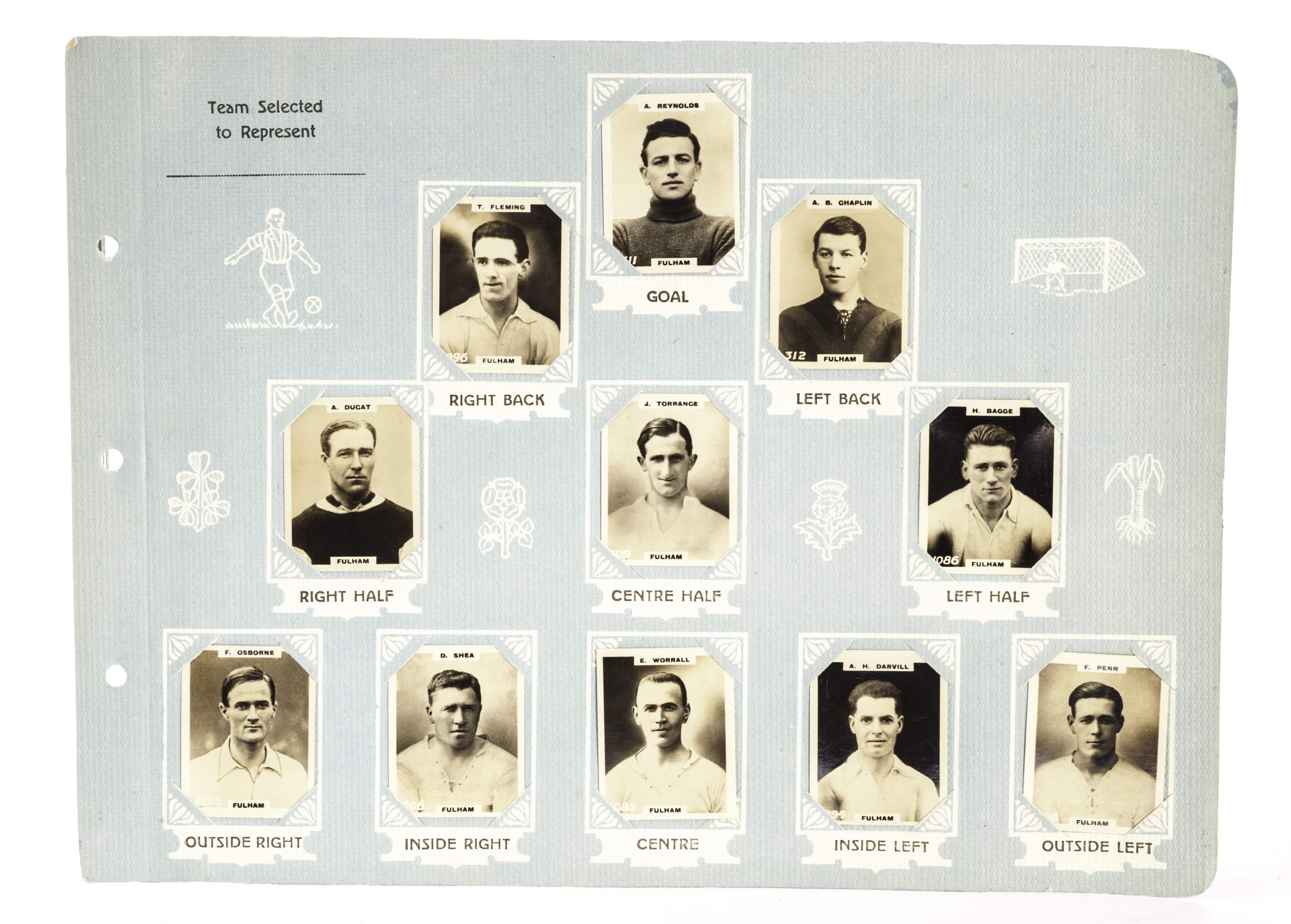 Football cigarette cards, Phillip's Pinnace cards in an album sheet containing 11 Fulham players (