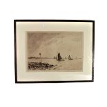 A framed and glazed etching of boats off the Broads, signed to the bottom right, 35cm by 50cm