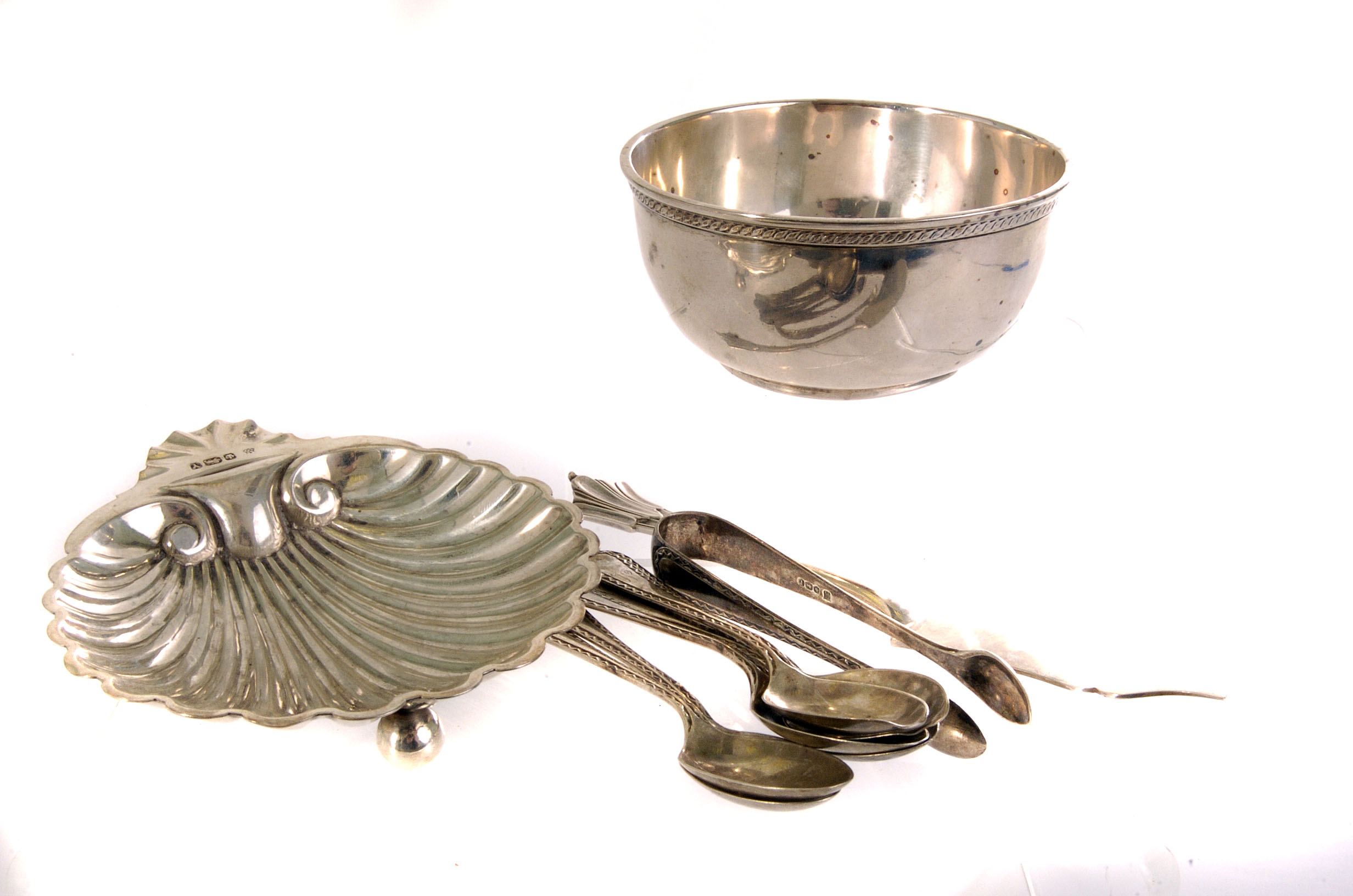 A silver shell dish marked Sheffield 1891, together with a George V silver bowl marked London