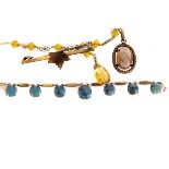 A yellow metal and turquoise bead fringe necklace, together with a yellow metal, glass bead and