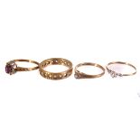 A 9ct gold, pink sapphire and diamond cluster style ring, together with two 9ct gold diamond
