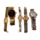 A selection of five gents and ladies wrist watches,  to include one with turquoise and gem set