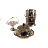 A group of silver plate, including a Sheffield plate Samovar, a helmet shaped cream or milk jug, a