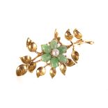 A 9ct gold , jadeite and pearl floral spray brooch, by Cropp & Farr, hallmarked London 1988,