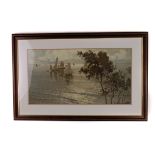 A large lithograph print, depicting a seascape with sailing boats, approx 37cm by 70cm, framed and