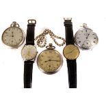A selection of lady's and gent's watches, including an Accurist wrist watch, three open faced fob