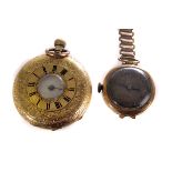 An 18K marked small half hunter fob watch, with engraved decoration all over case, together with a