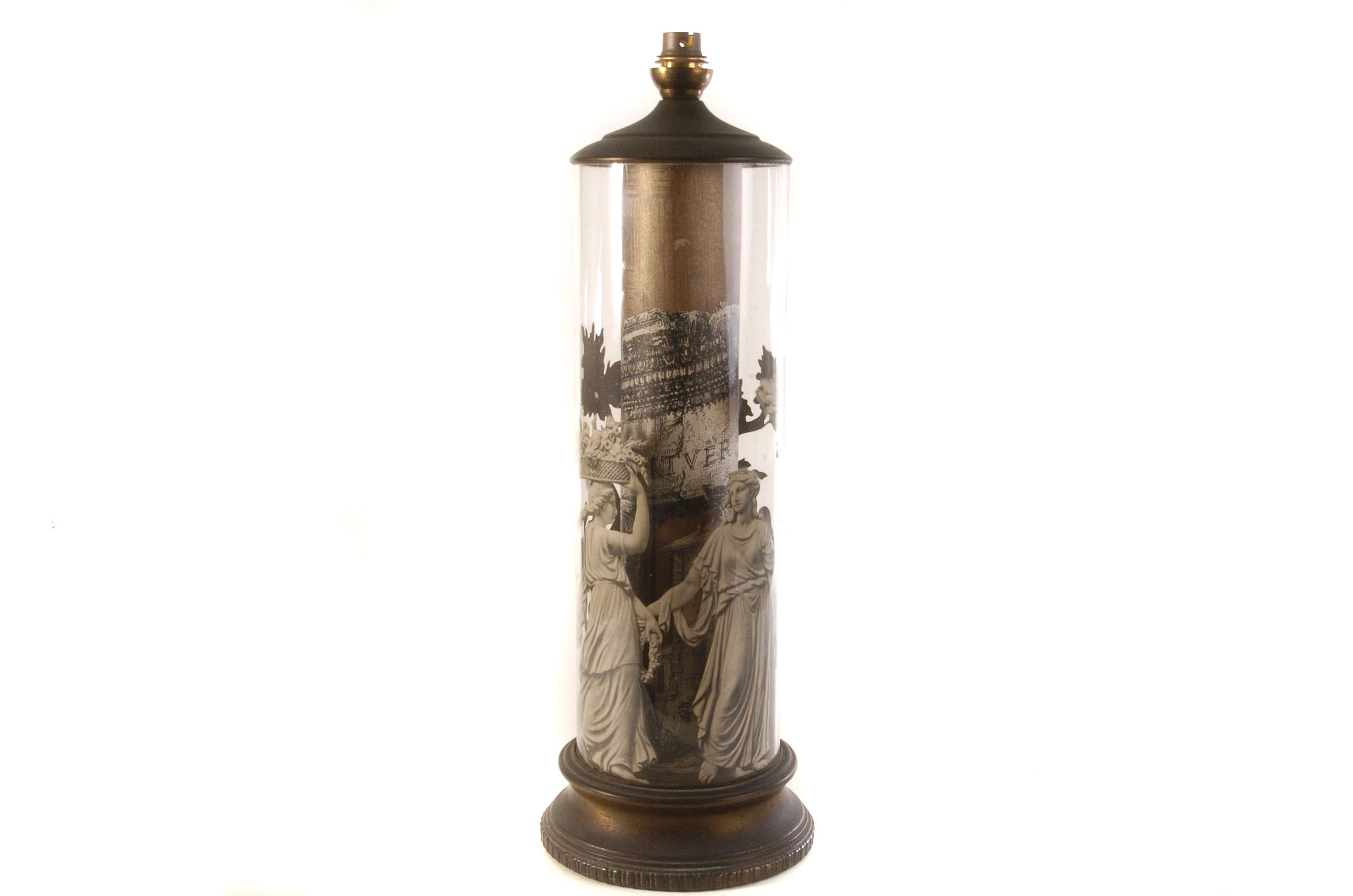 A modern mid 20th century Decoupage lamp base, having inner column with building scenes and outer