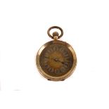 A 14ct gold lady's open faced fob watch, having black Roman numerals to panels and engraved design