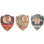 Trade cards Baines, three shield shaped cards, all Cambridge with player insets, 'Wells' & 'C M