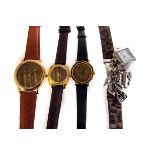 Three lady's and gentleman's wrist watches, each having a coin as the face, including a penny, a
