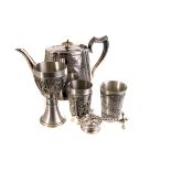 A selection of silver and silver plated items, to include a napkin ring, a tea pot, continental