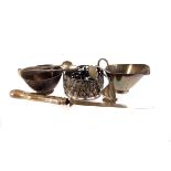 A collection of silver and silver plate, including a Dutch silver condiment holder, two Dutch silver