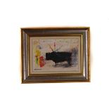 A small mixed media of a bull and matador, the striking black figure of the bull to centre with