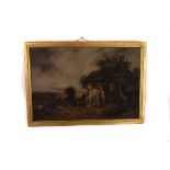 A late 19th century oil on canvas, figural landscape, depicting a child on horseback by a stable,