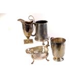 A collection of silver plated items, including sauceboat, tankards and more (parcel)