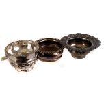 Two plated wine funnel pots, one with acanthus design, AF, plus two silver plated coasters and a cut