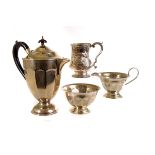 A collection of silver plated items, to include a cased cruet set, a teapot, a box, a serving tray