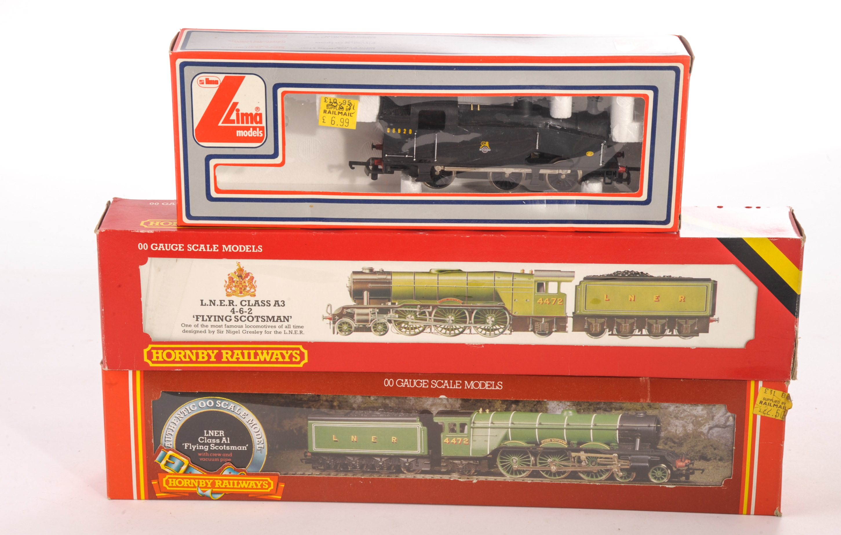Boxed Hornby 00 Gauge Flying Scotsmen and Lima 0-6-0T: Flying Scotsman - one R398 and one R845, both
