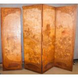 An Edwardian Art Nouveau four fold tooled leather dressing screen, decorated with a hunting scene of