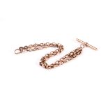 A 9ct gold watch chain, having short oval links with T bar and single watch clasp marked 9c,