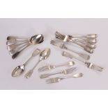 A collection of silver flatware, including forks, starter forks, and dessert spoons 15ozt