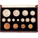 A 1937 Coronation 15 piece proof set, from crown to farthing, presented in red Moroccan gilt