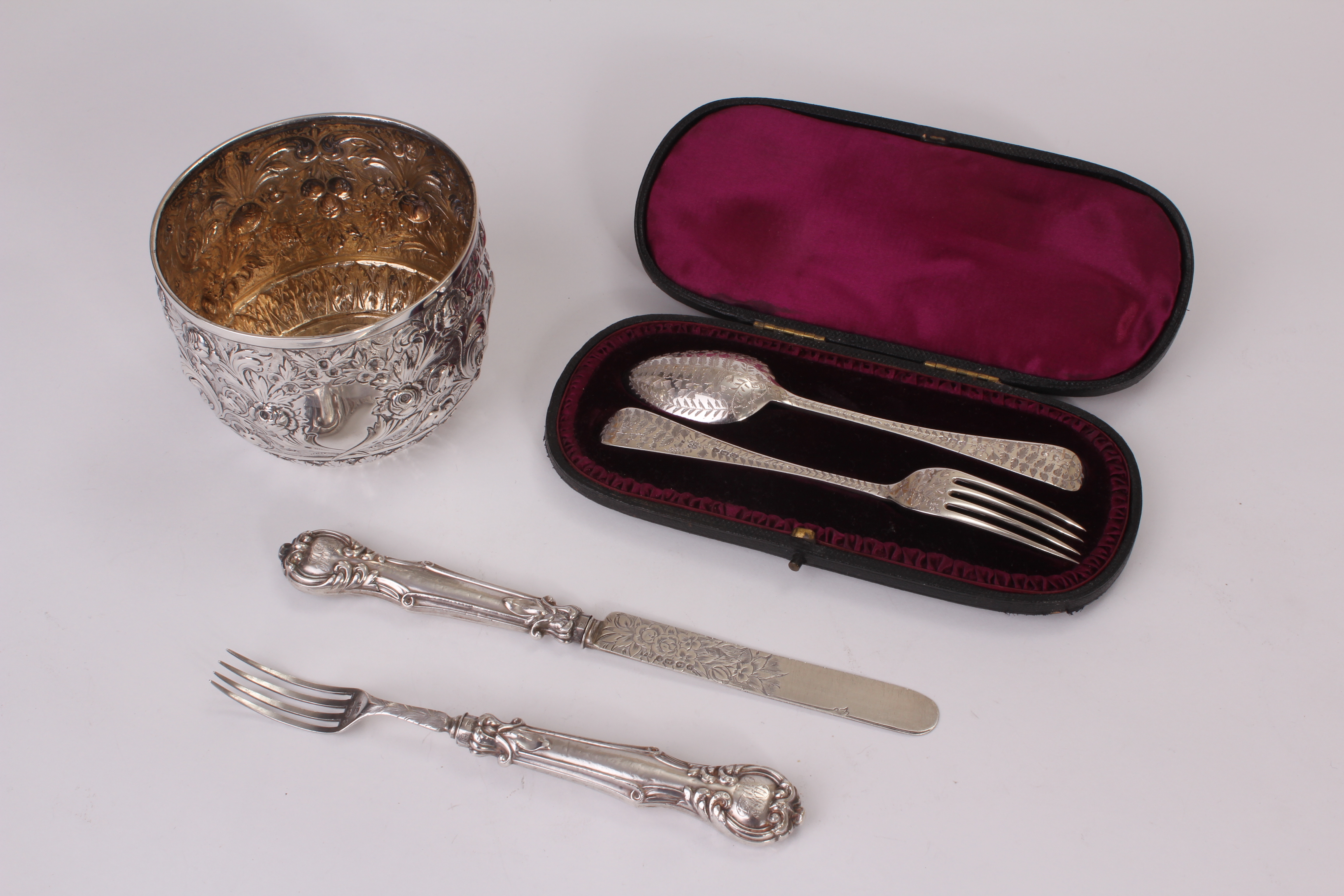 A Victorian silver Christening bowl from Charles Stuart Harris, together with a cased silver