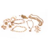 A collection of 9ct gold and yellow metal bracelets, necklaces and earrings, including four pairs of