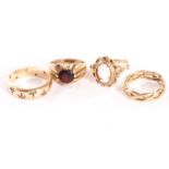 Four 9ct gold rings, including a small garnet signet ring, a cameo ring and two bands (4)