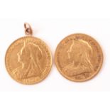Two Victorain gold half sovereign gold coins, one 1895, the other 1899 (VG) (2) One with hanging