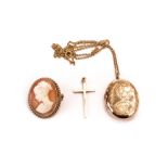 A 9ct gold locket pendant on chain, together with a 9ct gold and cameo brooch and a cross pendant on