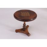 An Edwardian rosewood apprentice piece table, modelled as a chessboard inlaid snap-top pedestal