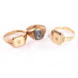 Three 9ct gold signet rings, one with haemitite tablet and two set with clear stones, approx 10g (3)