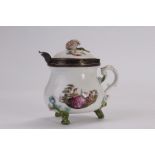 A nineteenth century Meissen basket­weave tea pot, with floral knop and silver mounted hinged lid.