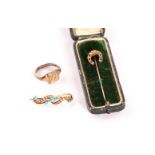 A Victorian gold brooch, set with seed pearls and turquoise beads, together with a horseshoe stick