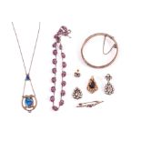 Six items of interesting vintage jewellery, including an Arts & Crafts silver and enamel pendant,