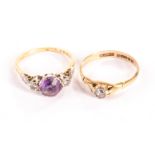 An 18ct gold amethyst and diamond dress ring, set with shoulder diamonds 3.5g, together with a 9ct
