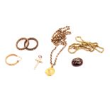 A collection of gold and yellow metal and other jewellery, including a 9ct gold necklace with 18ct