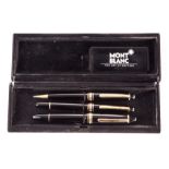 A three piece Mont Blanc writing set, comprising a fountain pen, a roller ball, and a propelling
