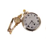 An Omega mixed metal open face pocket watch, having black Roman numerals and second hand aperture to