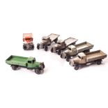 Dinky Toys 25e Tipping Wagon, two examples, type 4 chassis, brown body, grey hubs, type 3 chassis,