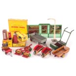 Dinky Toys 428 Trailer, 429 Trailer, red, 323 Triple Gang Mower, 49 Petrol Pumps & Oil Bin, in