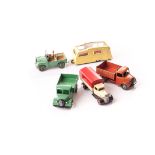 Dinky Toys 25b Covered Wagon, two examples, type 4 chassis, cream body, red tilt, type 4 chassis,