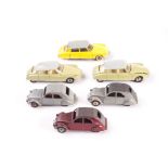 Citroën by French Dinky, 530 Citroën DS19, lime green body, black base (2), 24c DS19, yellow body,