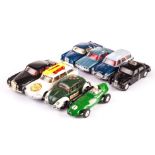 1950s-60s Corgi Toys, inclu­ding 204 Rover 90, 203 Vauxhall Velox, 201M Austin Cambridge, burnt