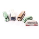 Dinky Toys 29b Streamlined Bus, four examples, light green body, green wheel covers (2), grey,