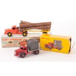 A French Dinky 36a Willeme Log Lorry, orange cab, yellow trailer, wooden logs, 34b Berliet Container